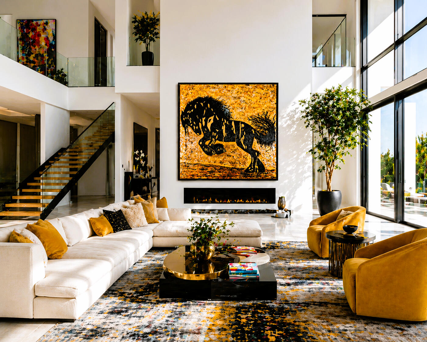 Controlled Power Displayed in Villa Controlled Power by Lebanese Painter Georges Salameh displayed in a contemporary luxury villa interior featuring refined modern collector aesthetics and statement abstract horse artwork.