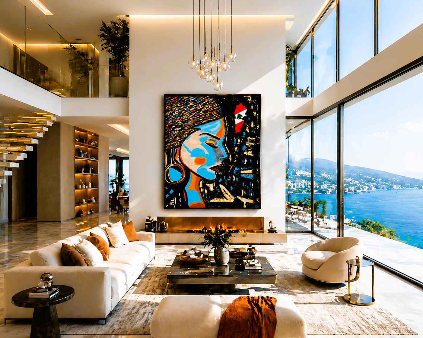 Echoes of Nostalgia Displayed in Villa Echoes of Nostalgia by Lebanese Painter Georges Salameh displayed in a contemporary luxury villa interior with panoramic sea views and refined collector-style artistic decor.
