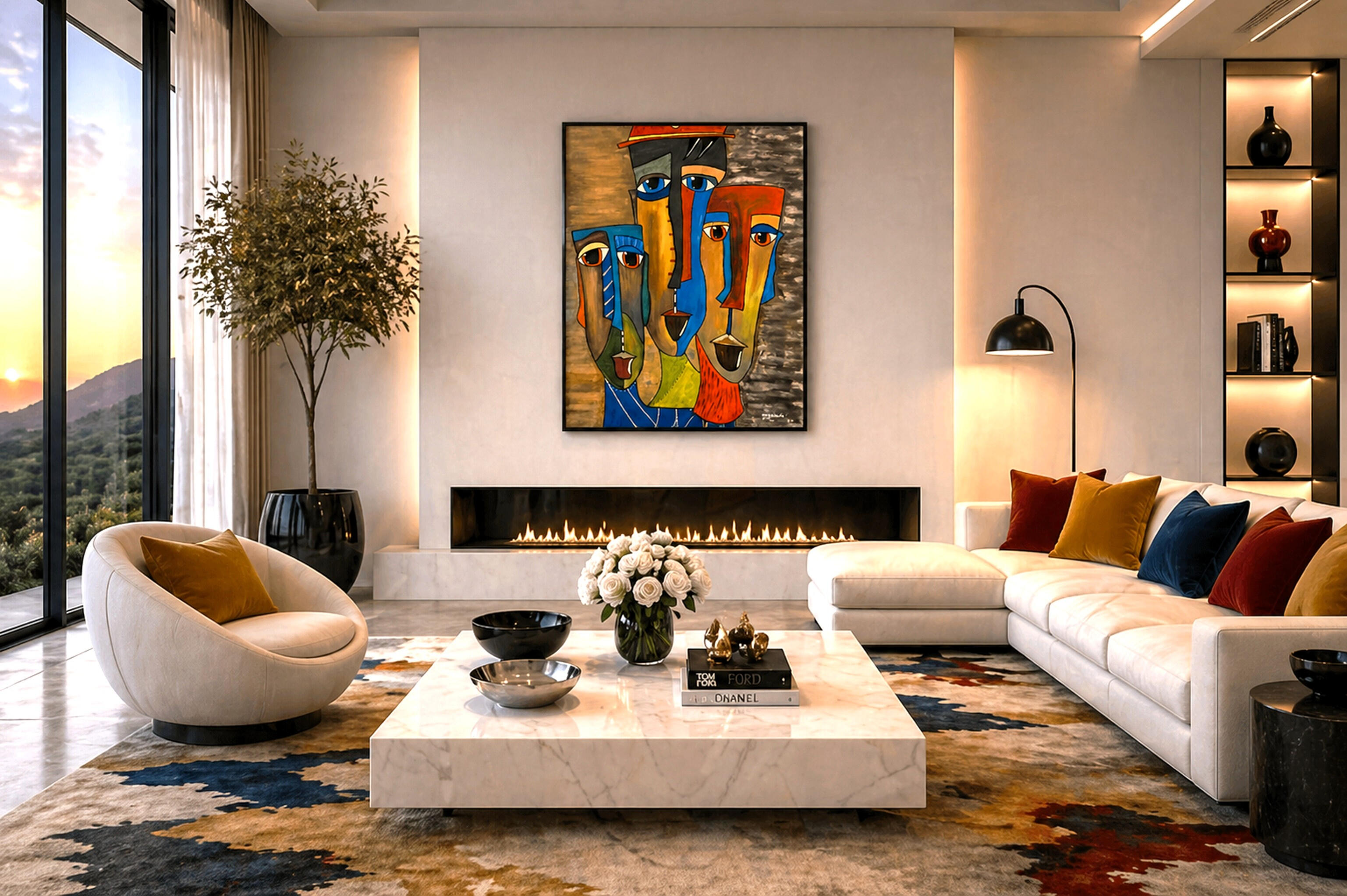 Multiplicity Revealed Multiplicity Revealed by Lebanese Painter Georges Salameh displayed in a luxury modern interior with refined collector decor and vibrant cubist-inspired figurative artwork.