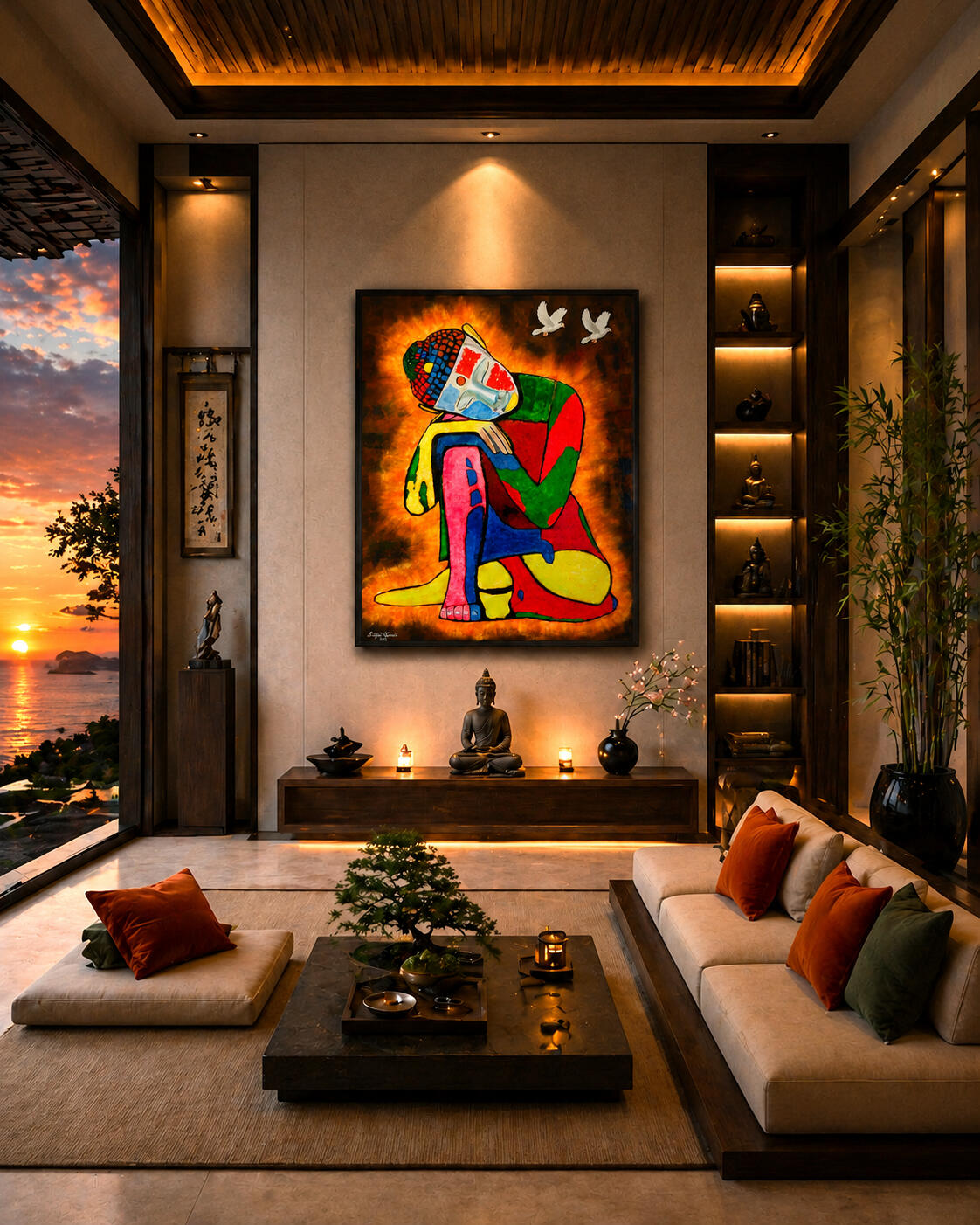 Inner Stillness Displayed in Villa Inner Stillness by Lebanese Painter Georges Salameh displayed in a refined luxury interior with warm meditative ambiance and contemporary Buddha-inspired figurative artwork.