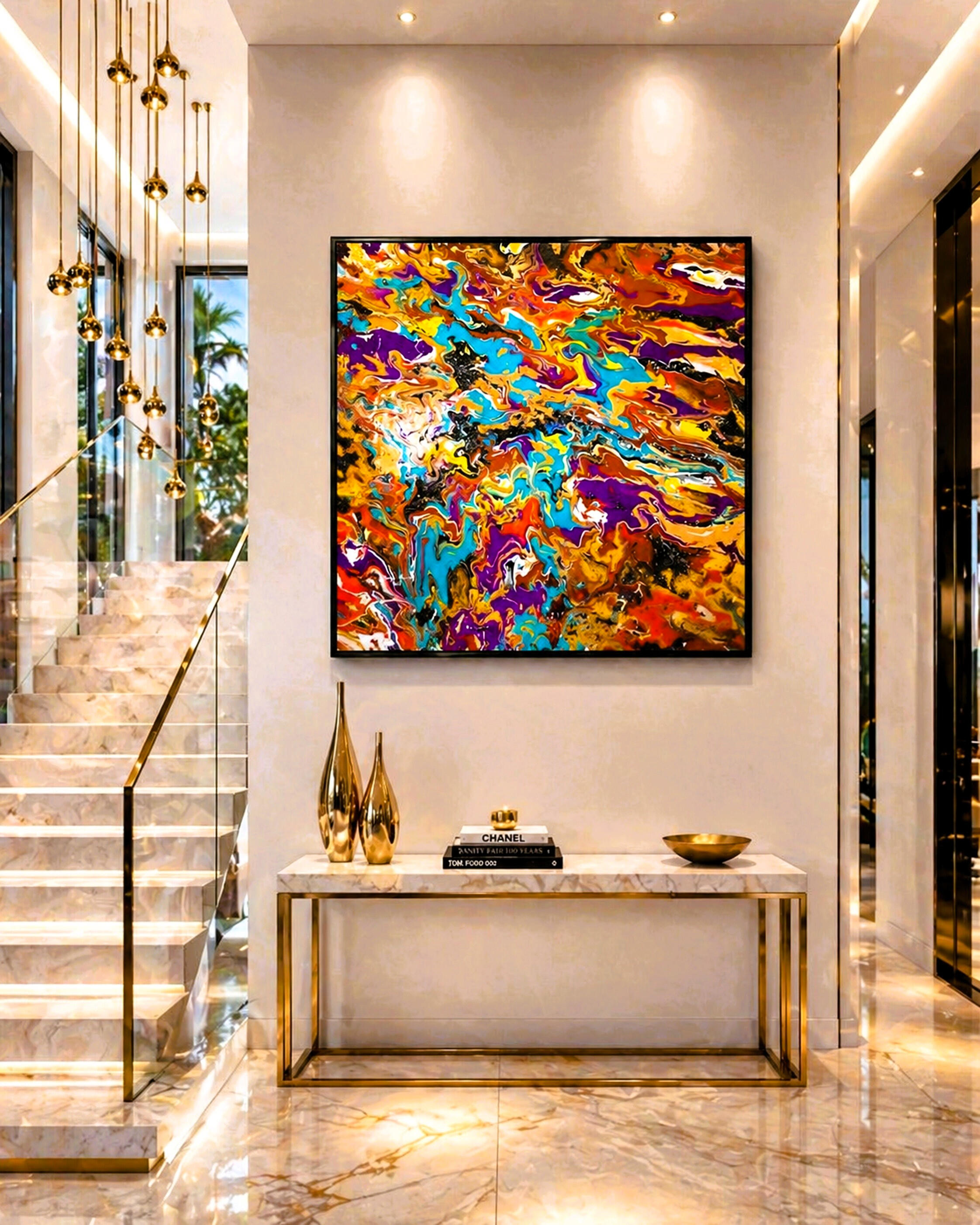 Forged in Motion Displayed in Villa Forged in Motion by Lebanese Painter Georges Salameh displayed in a refined luxury modern interior featuring vibrant contemporary abstract artwork and elegant architectural styling.