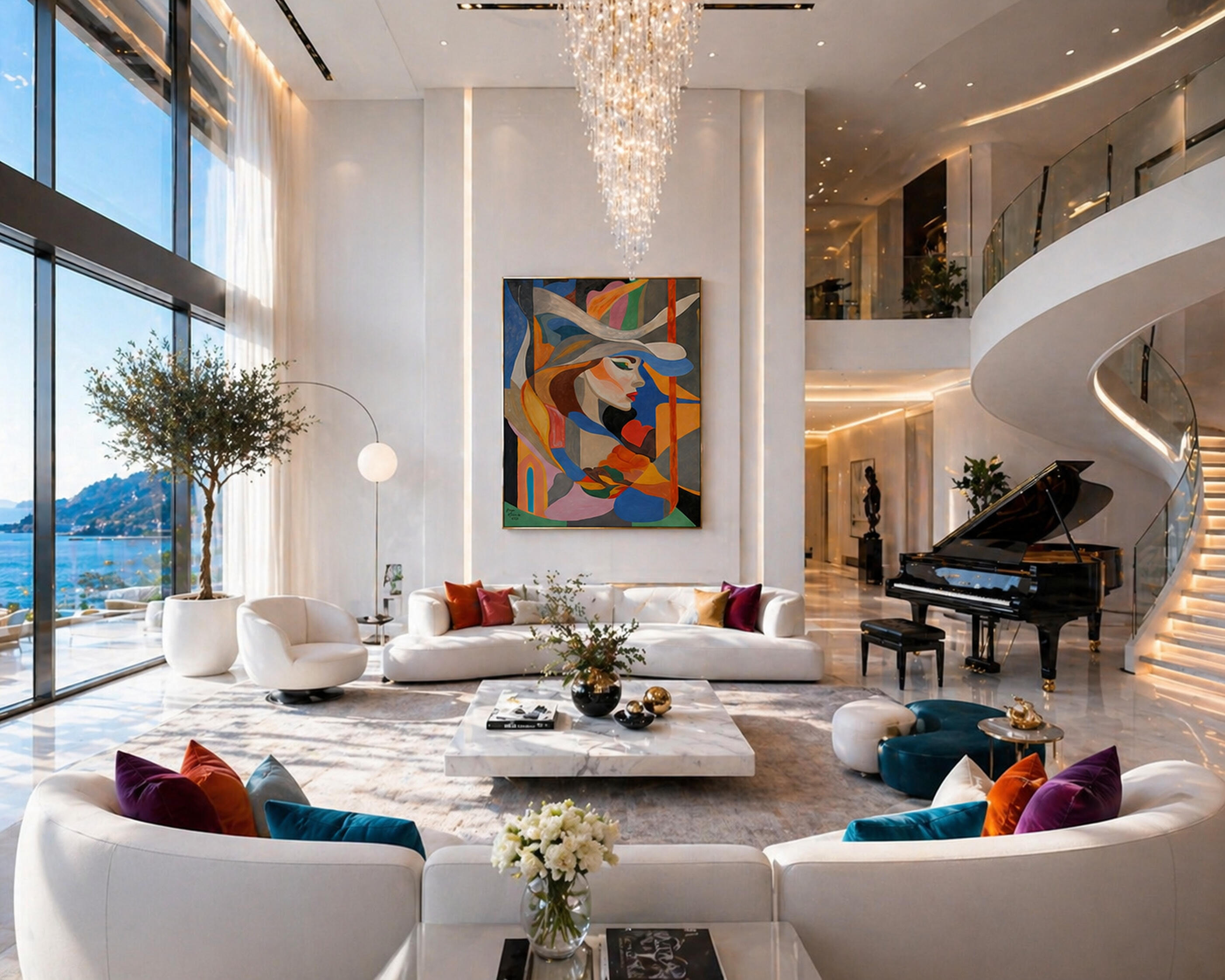 Silent Elegance Displayed in Villa Silent Elegance by Lebanese Painter Georges Salameh displayed in a contemporary luxury villa interior with refined architectural curves, elegant collector decor, and expressive figurative artwork.