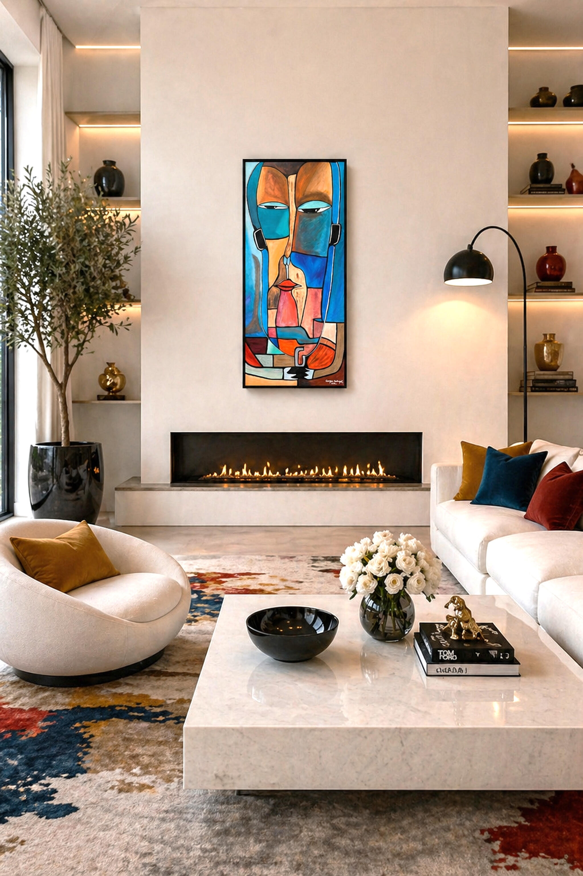 Silent Witness Displayed in Villa Silent Witness by Lebanese Painter Georges Salameh displayed in a contemporary luxury interior with refined collector decor and expressive cubist-inspired figurative artwork.