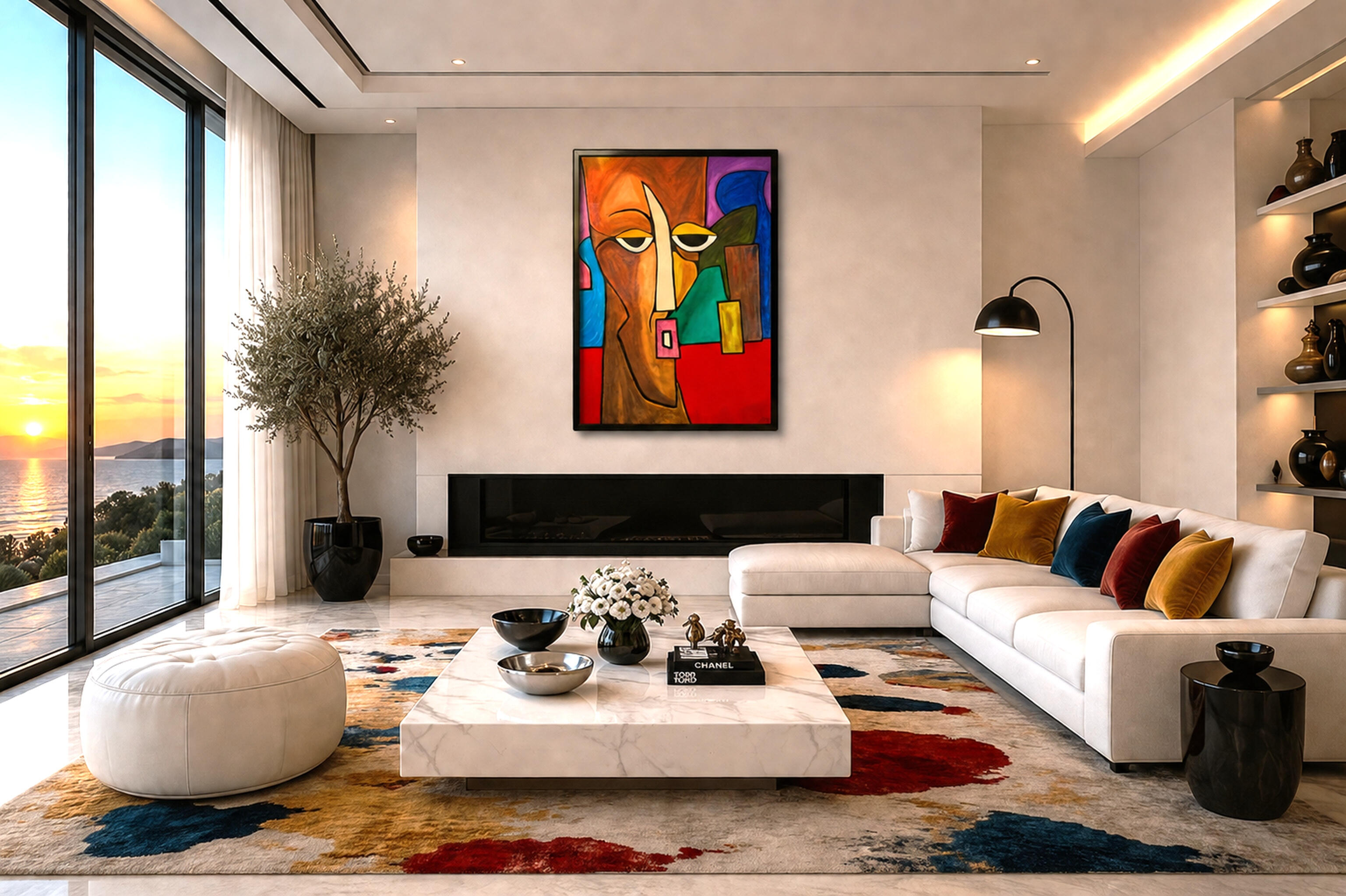 Many Within One Displayed in Villa Many Within One by Lebanese Painter Georges Salameh displayed in a contemporary luxury interior with elegant collector decor and vibrant cubist-inspired figurative artwork.
