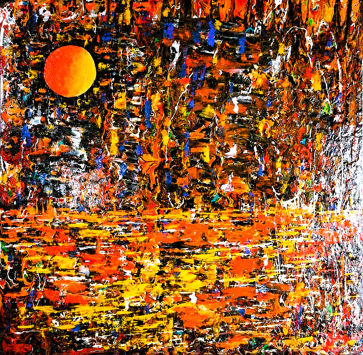 While the Sun Waited While the Sun Waited by Lebanese Painter Georges Salameh — original contemporary abstract fluid painting with textured warm tones, luminous reflections, and expressive acrylic layering on canvas.