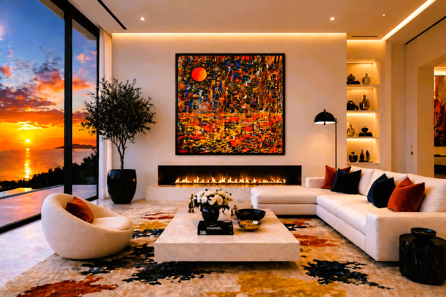 While The Sun Waited Displayed in Villa While the Sun Waited by Lebanese Painter Georges Salameh displayed in a contemporary luxury interior with sunset ambiance, refined collector decor, and expressive abstract artwork.