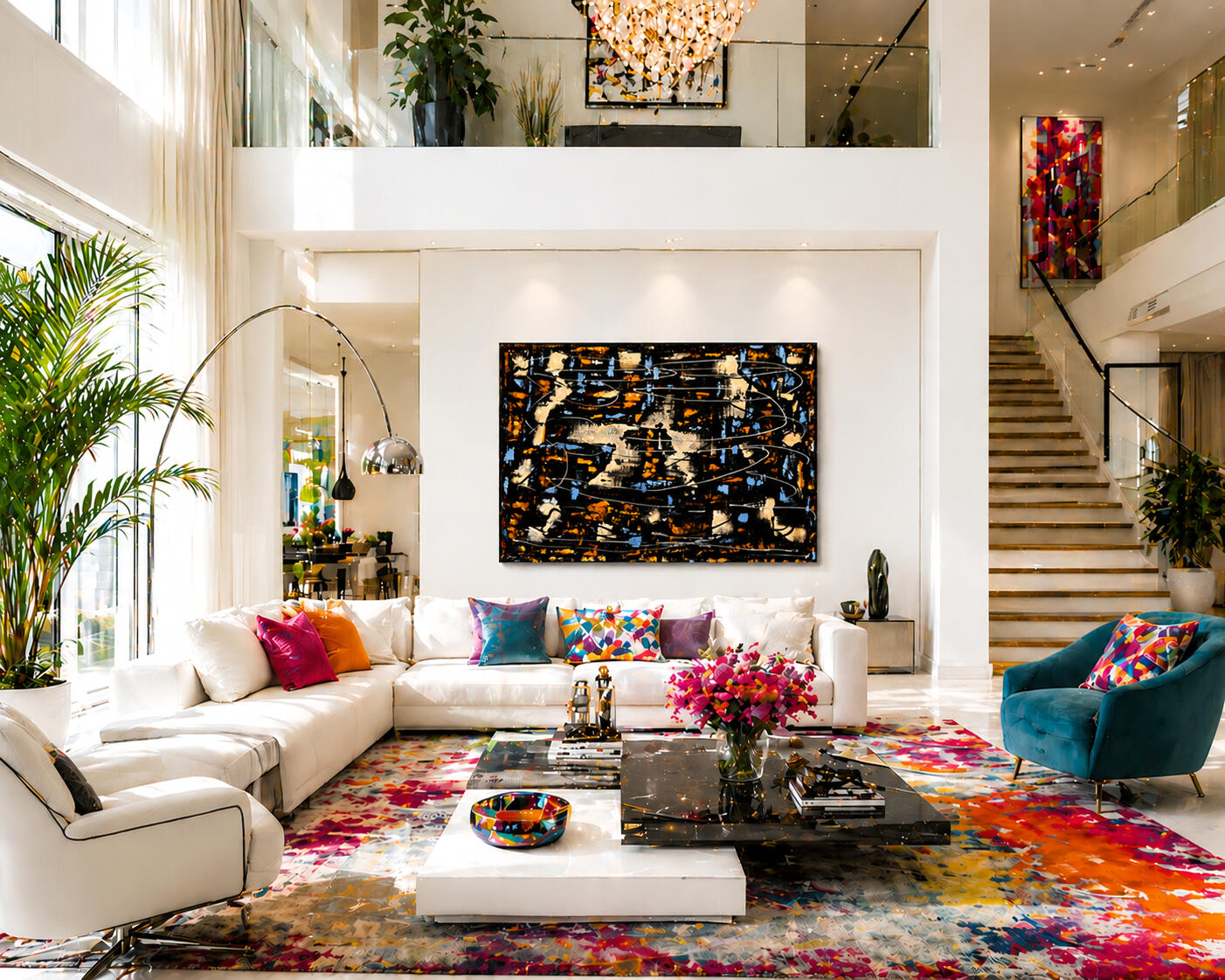 Constructed Silence Displayed in Villa Constructed Silence by Lebanese Painter Georges Salameh displayed in a contemporary luxury interior with vibrant designer decor, refined architectural space, and bold abstract statement artwork.