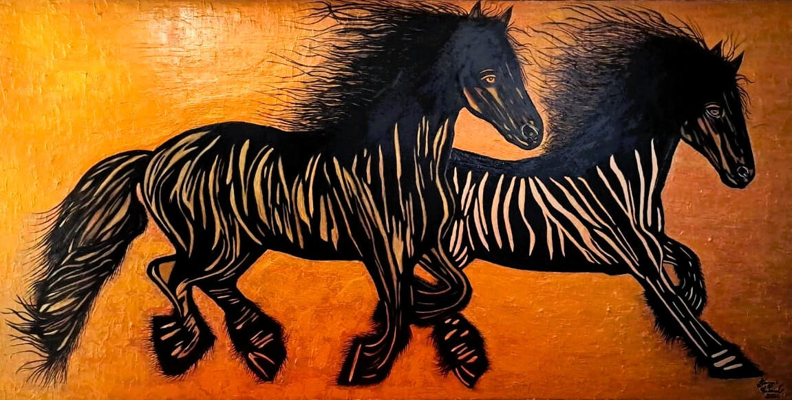 Unbridled Force Unbridled Force by Lebanese Painter Georges Salameh — original contemporary painting of two powerful running horses in black, brown, and gold acrylic on canvas.