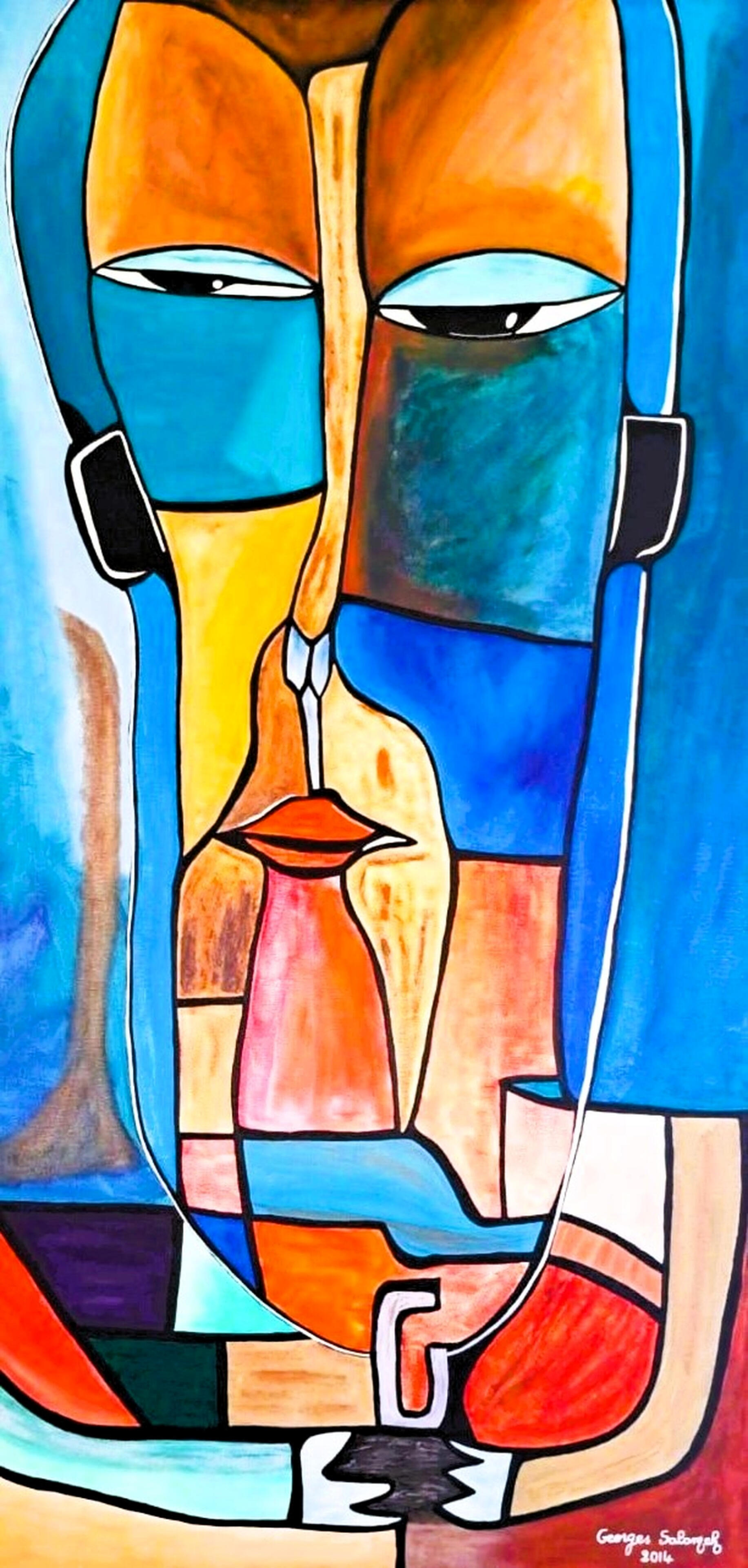 Silent Witness Silent Witness by Lebanese Painter Georges Salameh — original contemporary cubist-inspired figurative painting with expressive facial geometry, layered emotions, and vibrant acrylic color composition on canvas.