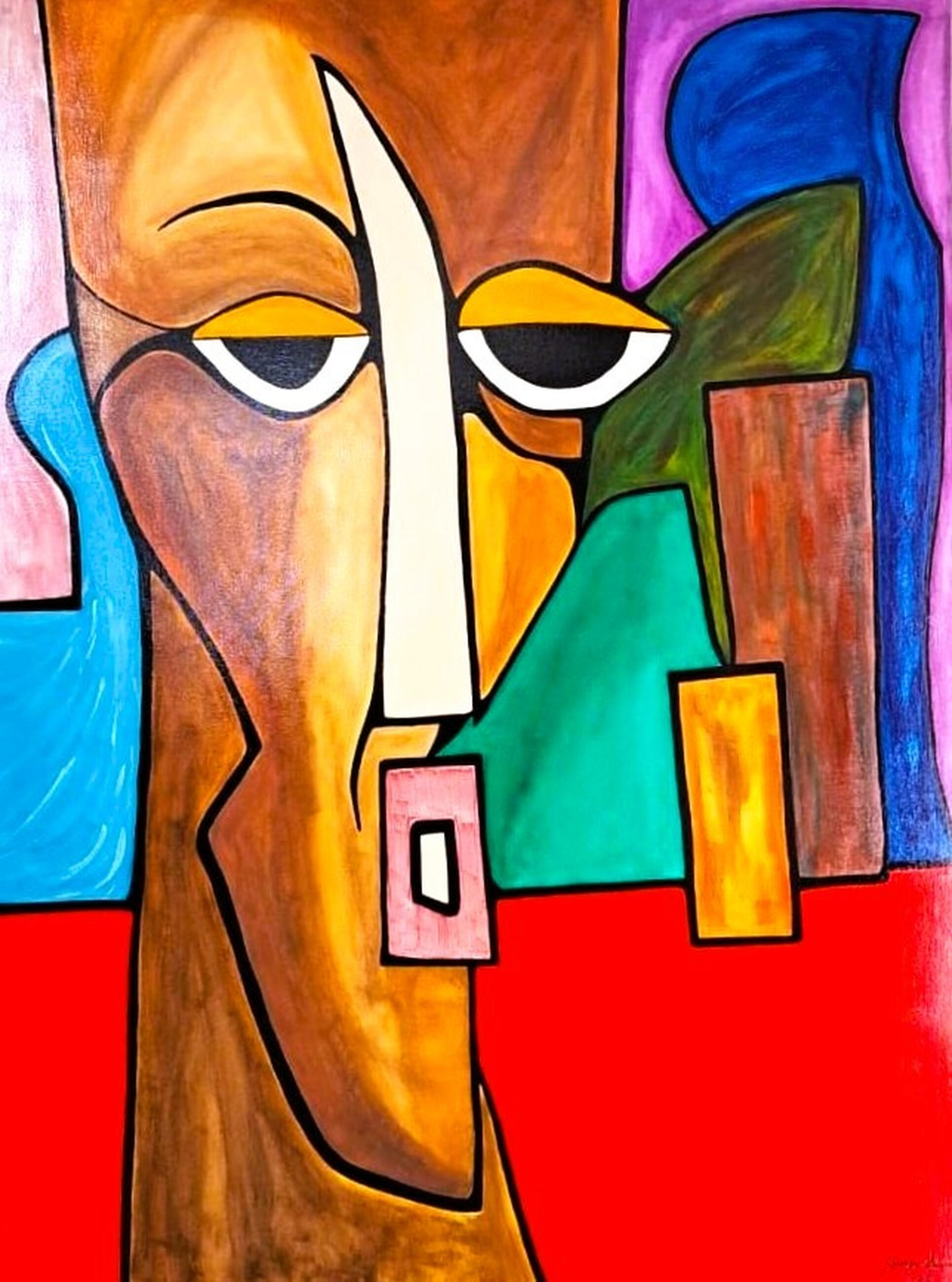 Many Within One Many Within One by Lebanese Painter Georges Salameh — original contemporary cubist-inspired figurative painting with abstract facial forms, vibrant geometric color blocks, and expressive acrylic composition on canvas.