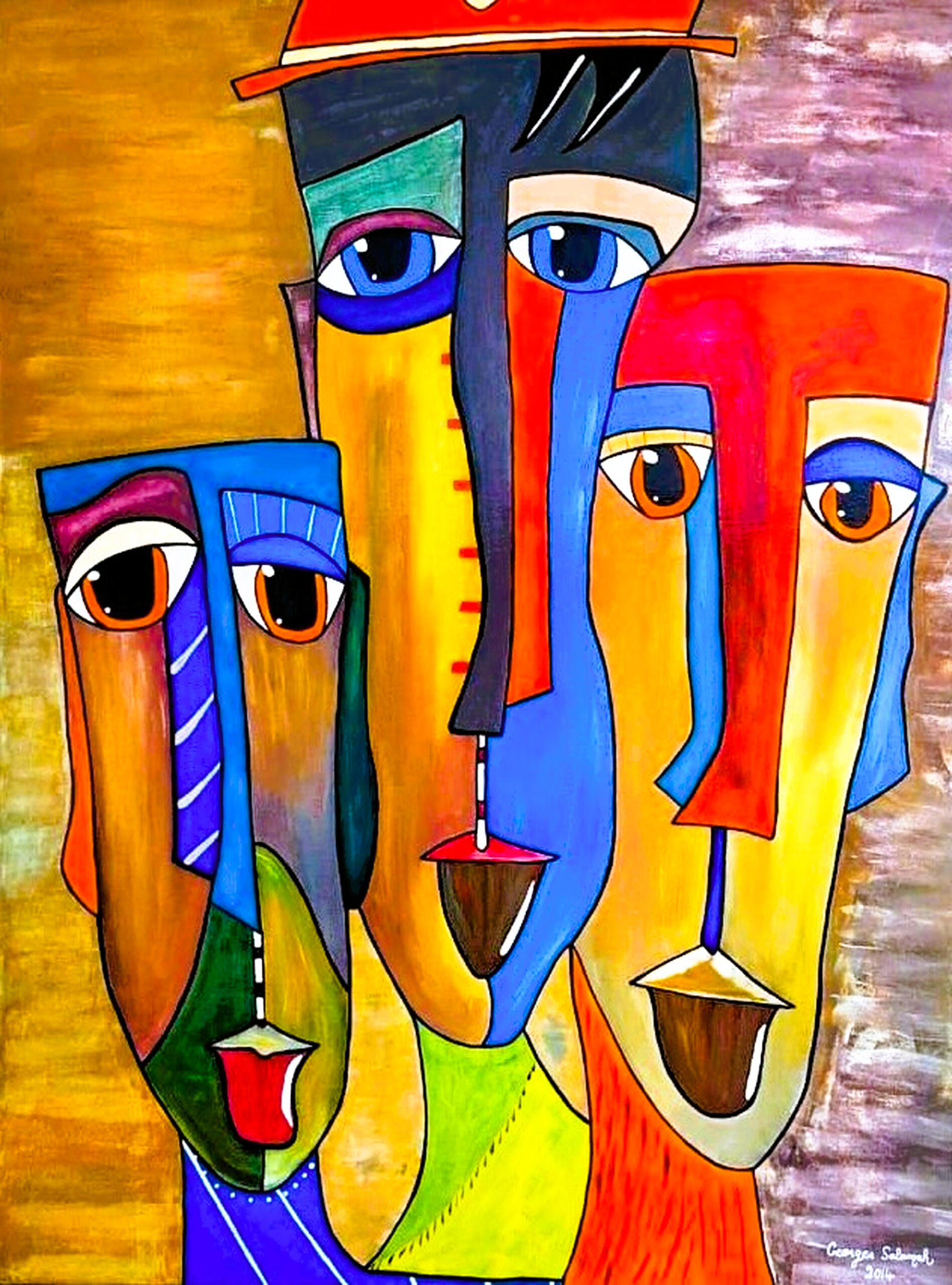 Multiplicity Revealed Multiplicity Revealed by Lebanese Painter Georges Salameh — original contemporary cubist-inspired figurative painting with expressive faces, vibrant colors, and symbolic emotional composition in acrylic on canvas.