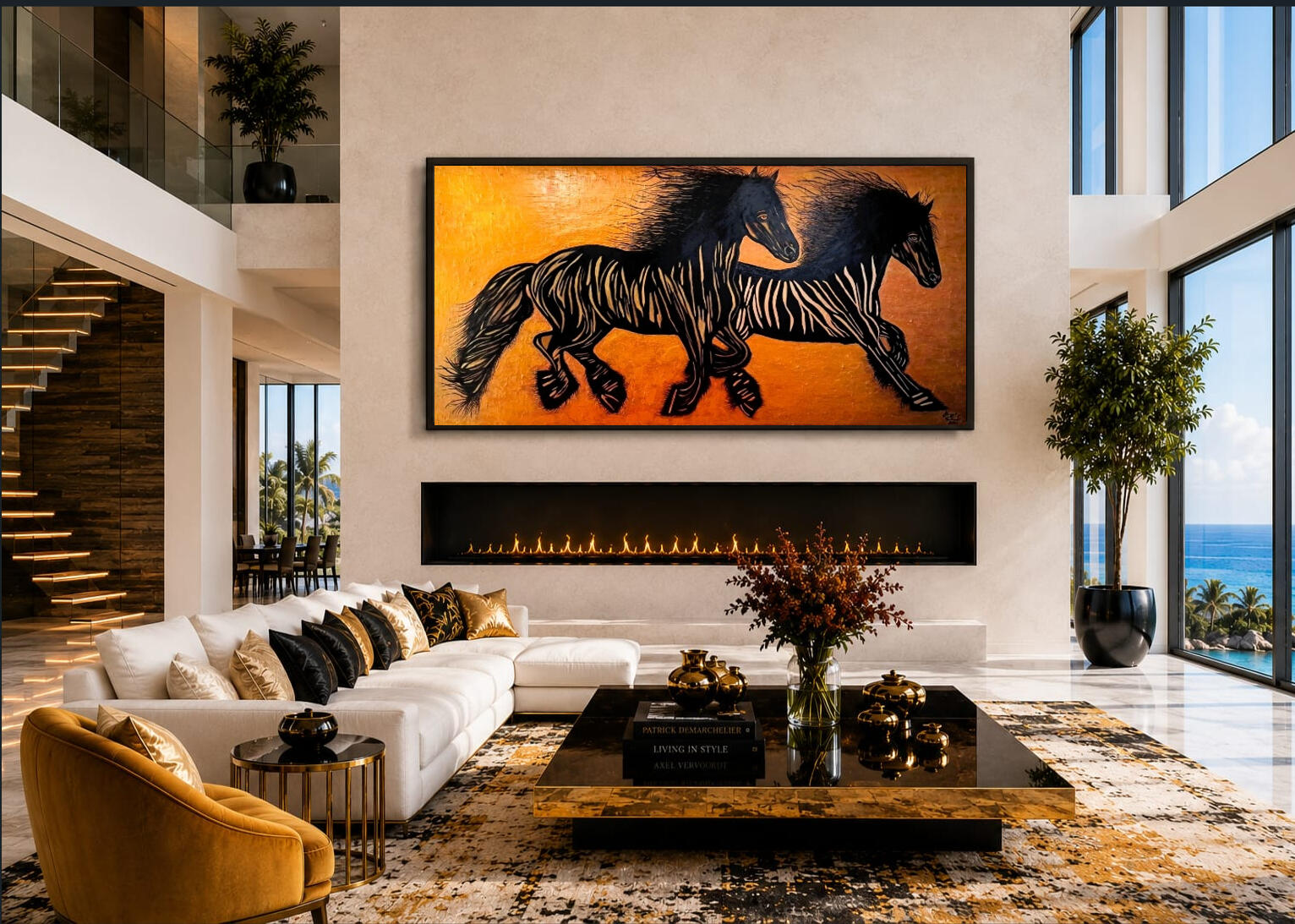 Unbridled Force Unbridled Force by Lebanese Painter Georges Salameh displayed in a contemporary luxury villa interior with elegant collector-style decor and powerful modern horse artwork.