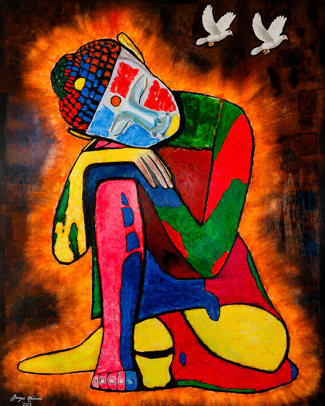 Inner Stillness Inner Stillness by Lebanese Painter Georges Salameh — original contemporary Buddha-inspired figurative painting with vibrant expressive colors and symbolic meditative composition in acrylic on canvas.